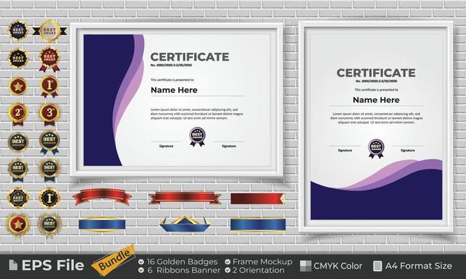 Template Certificate Design Bundle with Ribbons, Golden Badges, and frame mockups for appreciation, award, completion, diploma. CMYK Color A4 Format