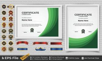 Template Certificate Design Bundle with Ribbons, Golden Badges, and frame mockups for appreciation, award, completion, diploma. CMYK Color A4 Format vector