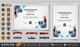 Template Certificate Design Bundle with Ribbons, Golden Badges, and frame mockups for appreciation, award, completion, diploma. CMYK Color A4 Format vector