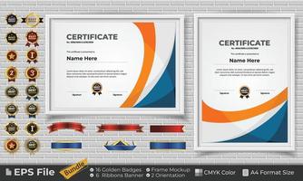 Template Certificate Design Bundle with Ribbons, Golden Badges, and frame mockups for appreciation, award, completion, diploma. CMYK Color A4 Format vector