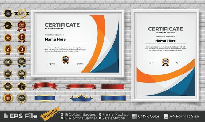 Template Certificate Design Bundle with Ribbons, Golden Badges, and frame mockups for appreciation, award, completion, diploma. CMYK Color A4 Format