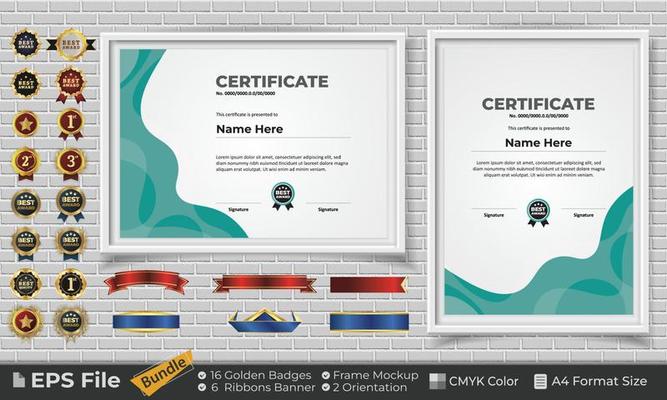 Template Certificate Design Bundle with Ribbons, Golden Badges, and frame mockups for appreciation, award, completion, diploma. CMYK Color A4 Format