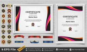 modelo certificado diseño haz con cintas, dorado insignias, y marco maquetas para apreciación, otorgar, terminación, diploma. cmyk color a4 formato vector