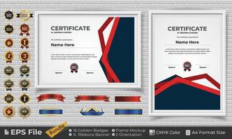 Template Certificate Design Bundle with Ribbons, Golden Badges, and frame mockups for appreciation, award, completion, diploma. CMYK Color A4 Format vector