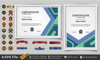 Template Certificate Design Bundle with Ribbons, Golden Badges, and frame mockups for appreciation, award, completion, diploma. CMYK Color A4 Format vector