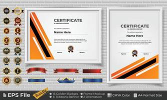 modelo certificado diseño haz con cintas, dorado insignias, y marco maquetas para apreciación, otorgar, terminación, diploma. cmyk color a4 formato vector