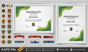 modelo certificado diseño haz con cintas, dorado insignias, y marco maquetas para apreciación, otorgar, terminación, diploma. cmyk color a4 formato vector