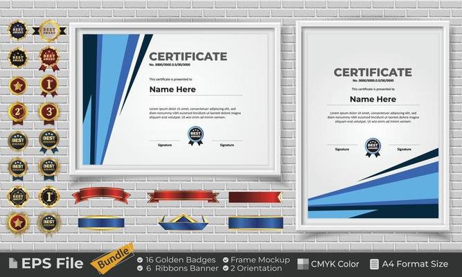 Template Certificate Design Bundle with Ribbons, Golden Badges, and frame mockups for appreciation, award, completion, diploma. CMYK Color A4 Format