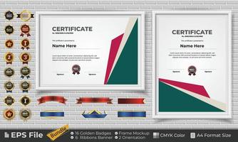 modelo certificado diseño haz con cintas, dorado insignias, y marco maquetas para apreciación, otorgar, terminación, diploma. cmyk color a4 formato vector