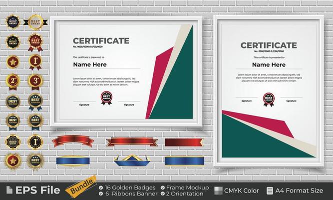 Template Certificate Design Bundle with Ribbons, Golden Badges, and frame mockups for appreciation, award, completion, diploma. CMYK Color A4 Format