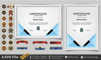 Template Certificate Design Bundle with Ribbons, Golden Badges, and frame mockups for appreciation, award, completion, diploma. CMYK Color A4 Format vector