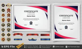 Template Certificate Design Bundle with Ribbons, Golden Badges, and frame mockups for appreciation, award, completion, diploma. CMYK Color A4 Format vector