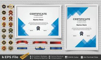 Template Certificate Design Bundle with Ribbons, Golden Badges, and frame mockups for appreciation, award, completion, diploma. CMYK Color A4 Format vector