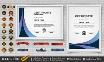 modelo certificado diseño haz con cintas, dorado insignias, y marco maquetas para apreciación, otorgar, terminación, diploma. cmyk color a4 formato vector