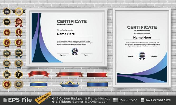 Template Certificate Design Bundle with Ribbons, Golden Badges, and frame mockups for appreciation, award, completion, diploma. CMYK Color A4 Format