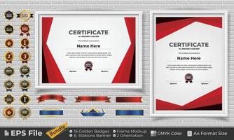 Template Certificate Design Bundle with Ribbons, Golden Badges, and frame mockups for appreciation, award, completion, diploma. CMYK Color A4 Format vector