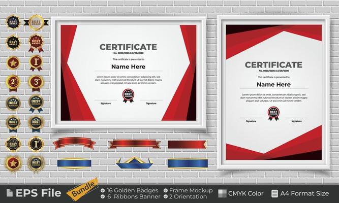 Template Certificate Design Bundle with Ribbons, Golden Badges, and frame mockups for appreciation, award, completion, diploma. CMYK Color A4 Format