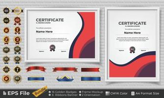 Template Certificate Design Bundle with Ribbons, Golden Badges, and frame mockups for appreciation, award, completion, diploma. CMYK Color A4 Format vector