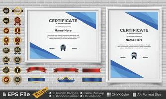 modelo certificado diseño haz con cintas, dorado insignias, y marco maquetas para apreciación, otorgar, terminación, diploma. cmyk color a4 formato vector