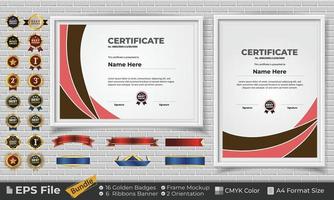 modelo certificado diseño haz con cintas, dorado insignias, y marco maquetas para apreciación, otorgar, terminación, diploma. cmyk color a4 formato vector