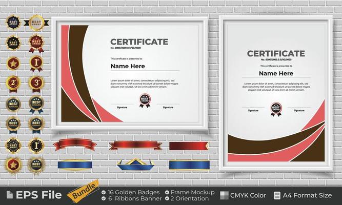 Template Certificate Design Bundle with Ribbons, Golden Badges, and frame mockups for appreciation, award, completion, diploma. CMYK Color A4 Format