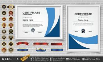 Template Certificate Design Bundle with Ribbons, Golden Badges, and frame mockups for appreciation, award, completion, diploma. CMYK Color A4 Format vector