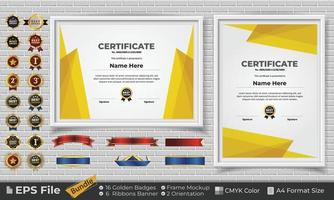 Template Certificate Design Bundle with Ribbons, Golden Badges, and frame mockups for appreciation, award, completion, diploma. CMYK Color A4 Format vector