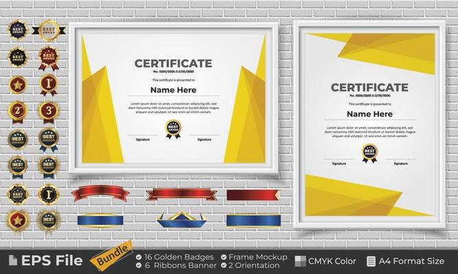 Template Certificate Design Bundle with Ribbons, Golden Badges, and frame mockups for appreciation, award, completion, diploma. CMYK Color A4 Format