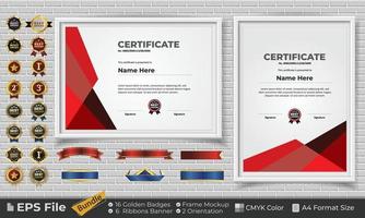 Template Certificate Design Bundle with Ribbons, Golden Badges, and frame mockups for appreciation, award, completion, diploma. CMYK Color A4 Format vector