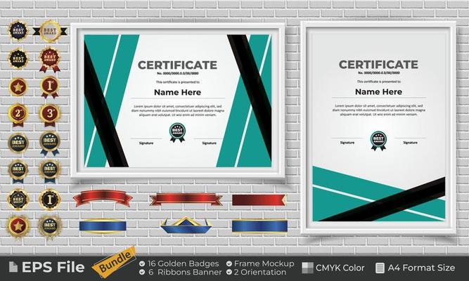Template Certificate Design Bundle with Ribbons, Golden Badges, and frame mockups for appreciation, award, completion, diploma. CMYK Color A4 Format
