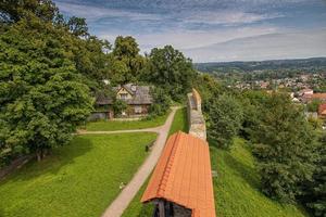 histórico defensivo pared de un Roca castillo en Polonia en dobczyce en un verano día con vista a el lago foto