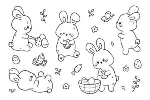 Easter bunny in linear and kawaii style. Vector collection of outline rabbits in different poses with eggs, bee and butterfly. Coloring book