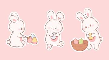 Collection of cartoon Easter bunny stickers in kawaii style and pastel colors. Vector set of cute rabbits in different poses with eggs