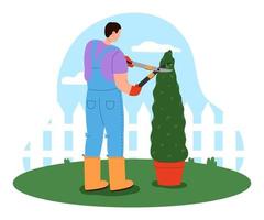 Male gardener working in the yard. Handyman character trimming a bush. Garden maintenance concept. Flat vector illustration.