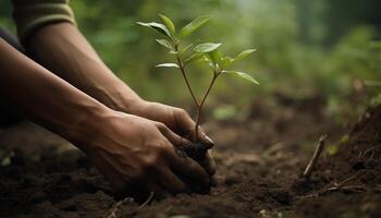 A person planting trees or flowers, contributing to the global effort to reforest and restore natural habitats. photo