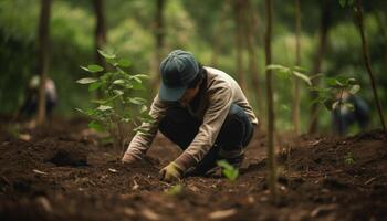 un persona plantando arboles o flores, contribuyendo a el global esfuerzo a repoblar de árboles y restaurar natural hábitats. generativo ai foto