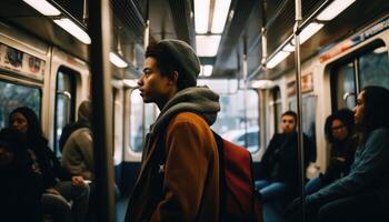 A person using public transportation to work, reducing their carbon footprint and promoting eco-friendly commuting. photo