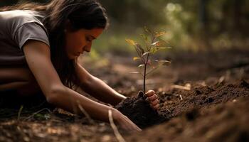 A person planting trees or flowers, contributing to the global effort to reforest and restore natural habitats. photo