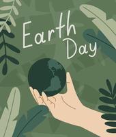 International world holiday Earth Day. Vector green flat banner with leaves, human hand holding the planet. The concept of environmental protection and nature.