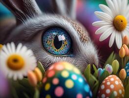 Happy Easter background concept Bunny with easter eggs on meadow with flowers created with technology photo