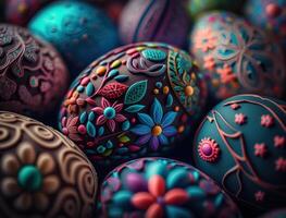 Happy Easter background concept with colorful easter eggs flat lay created with technology photo