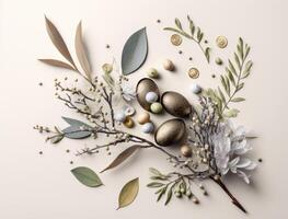 Happy Easter background concept with easter eggs and willow branch on a white background created with technology photo
