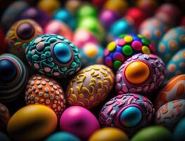 Happy Easter background concept with colorful easter eggs flat lay created with technology photo