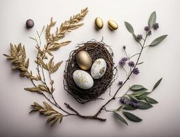 Happy Easter background concept with easter eggs and willow branch on a white background created with technology photo
