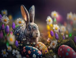 Happy Easter background concept Bunny with easter eggs on meadow with flowers created with technology photo