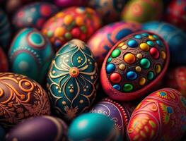 Happy Easter background concept with colorful easter eggs flat lay created with technology photo