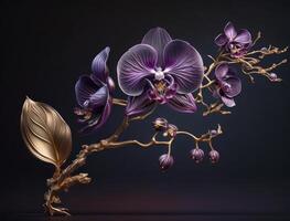 hermosa amatista cristal orquídea flor con un rama en un oscuro antecedentes creado con generativo ai tecnología foto