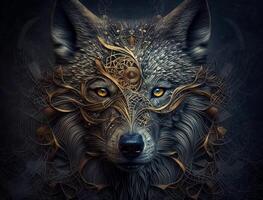 Colorful Close-up portrait of wolf with oriental ornament elements background technology photo