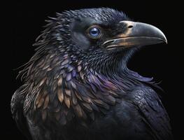 Colorful Close-up portrait of evil raven crow Halloween background technology photo