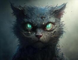 Close-up portrait of evil monster cat Halloween background technology photo